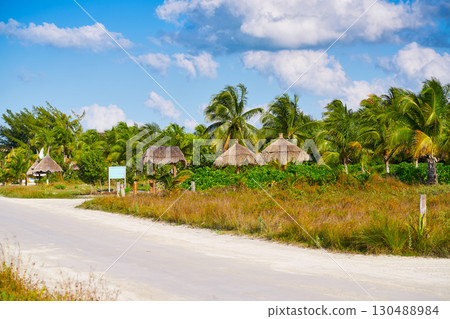 Holbox island palm tree huts Mexico 130488984