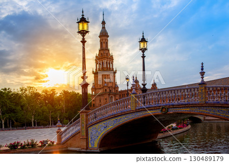 Seville Plaza de Espana sunset Andalusian Sevilla Seville Plaza de Espana sunset Andalusian Sevilla 130489179