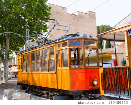 Classic wood tram train of Puerto de Soller in Mallorca Classic wood tram train of Puerto de Soller in Mallorca 130489223
