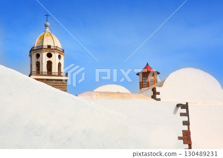 Lanzarote Teguise white village with church tower 130489231