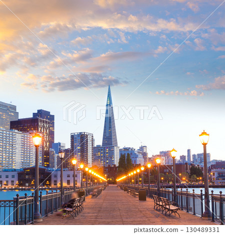 San Francisco Pier 7 sunset in California 130489331