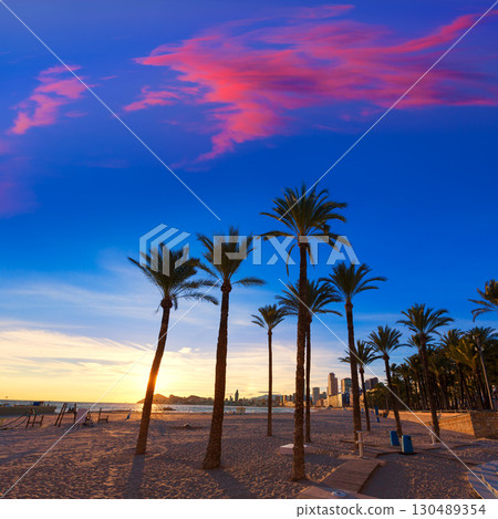 Benidorm Alicante playa de Poniente beach sunset in Spain 130489354