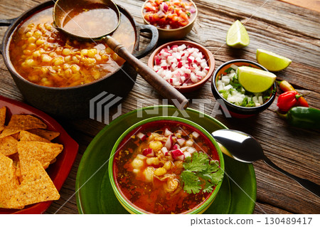 Pozole with mote big corn stew from Mexico 130489417