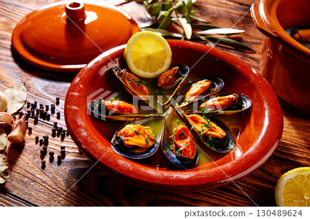 Tapas mejillones al vapor steamed mussels Spain Tapas mejillones al vapor steamed mussels Spain 130489624