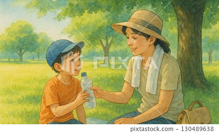 Parents and children encourage hydration in summer parks to combat the heat 130489638