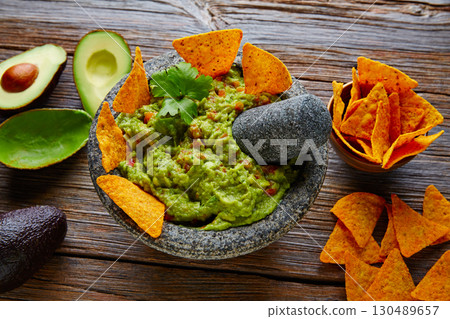 Guacamole with nachos in Mexican molcajete Guacamole with nachos in Mexican molcajete 130489657