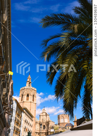Valencia Plaza de la Reina square with Cathedral and Miguelete 130489697