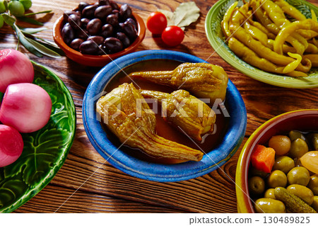Tapas pickles mix olives chili onion eggplant Tapas pickles mix olives chili onion eggplant 130489825