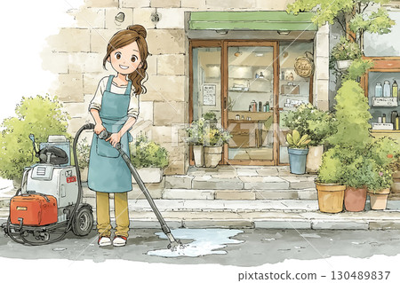 Miyu series: A scene where a beauty salon staff member washes the sidewalk with a hose 130489837