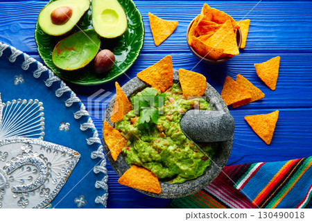 Guacamole with nachos in Mexican molcajete 130490018