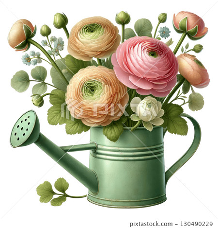 Vintage watering can with ranunculus flowers and green leaves Vintage watering can with ranunculus flowers and green leaves 130490229