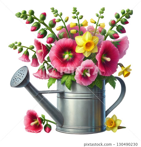 Colorful flowers in metal watering can with fresh green leaves 130490230