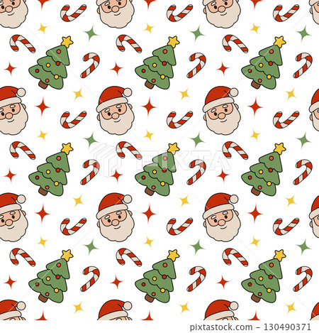 Seamless vector Christmas pattern with Santa Claus face, decorated tree, candy cane, and festive stars. Perfect for holiday wrapping paper, greeting cards, and seasonal design. 130490371