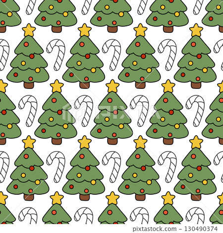 Seamless vector Christmas pattern with decorated tree, candy cane and line art elements. Perfect for festive wrapping paper, greeting cards, wallpaper and seasonal holiday design. 130490374