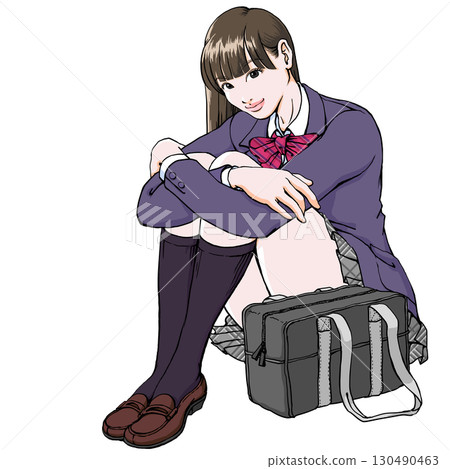 High school girl sitting on the floor _ whole body _ blazer High school girl sitting on the floor _ whole body _ blazer 130490463