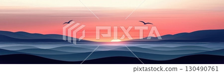 SereneSunsetOverCalmOceanWaveswithSilhouettedBirdsFlyinginaVibrantSky 130490761