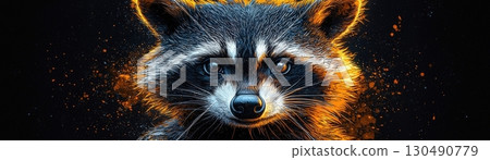 Realisticportraitofaraccoonwithstrikingdetailandvibrantcolorsagainstadarkbackground Realisticportraitofaraccoonwithstrikingdetailandvibrantcolorsagainstadarkbackground 130490779