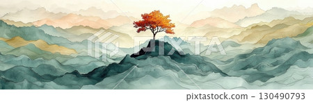 SereneLandscapewithIsolatedTreeandSoftPastelMountainsatDawn 130490793
