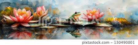 SereneFrogonLilyPadSurroundedbyBeautifulPinkWaterLiliesinTranquilPondSetting 130490801