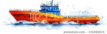 VibrantOrangeandBlueWatercolorIllustrationofaFishingBoatinOceanWaves 130490819