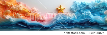 ColorfulPaperWaveswithaGoldenStarinaVibrantOceanLandscapeDesign ColorfulPaperWaveswithaGoldenStarinaVibrantOceanLandscapeDesign 130490824