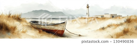 TranquilCoastalScenewithBeachFishingBoatLighthouseandSereneLandscapeatDusk TranquilCoastalScenewithBeachFishingBoatLighthouseandSereneLandscapeatDusk 130490836