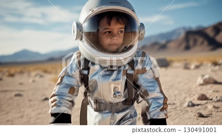 Child wearing spacesuit walking on a vast desert landscape, exploring a new planet, reminiscent of Mars, with mountains in the background under a clear sky 130491001
