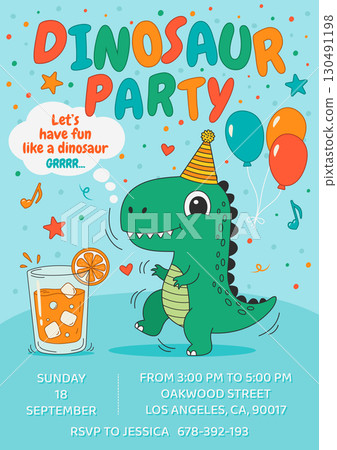 Cute dinosaur birthday party invitation card in A4 size. Kids dinosaur party flyer with balloons and juice Cute dinosaur birthday party invitation card in A4 size. Kids dinosaur party flyer with balloons and juice 130491198