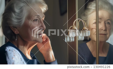 Senior woman reflectively touching wrinkled cheek while gazing softly into mirror, pondering aging process and nostalgic memories of past life stages 130491226