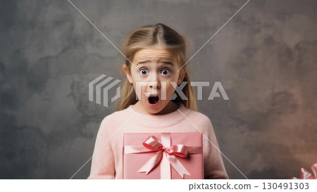Young blonde child revealing pink gift box, expressing wide eyed surprise while wearing pastel sweater, gray wall softly blurring background 130491303