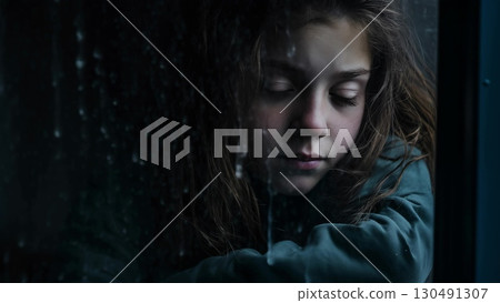 Melancholic child with blue eyes pressing hand against rain streaked window, embodying emotional isolation during stormy weather 130491307
