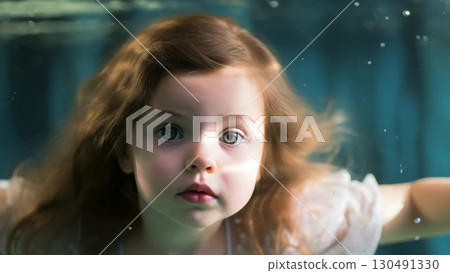 Beautiful young girl submerged underwater, white dress billowing, blue eyes open wide, hair streaming, capturing ethereal underwater dreamscape 130491330