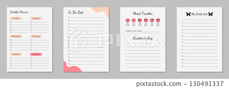Printable A4 planner set with mood tracker, to do and wish list. Scalable graphics for printing. Blank page template 130491337