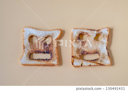 Slices of freshly toasted bread on color background. 130491431