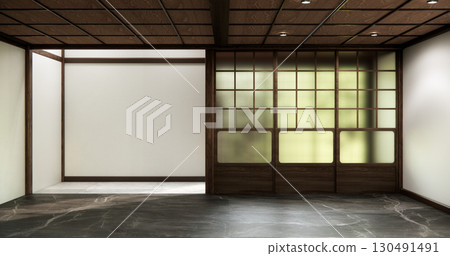Mock up interior concept Empty room wood docoration wall on granite floor. 3D illustration rendering 130491491