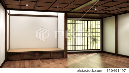 Shelf wall room zen style and decoraion wooden design, earth tone.3D rendering Shelf wall room zen style and decoraion wooden design, earth tone.3D rendering 130491497