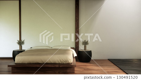 Japanese Minimalist Bedroom Interior with Wooden Wall Panels, Platform Bed, and Zen Lighting Design.3D rendering Japanese Minimalist Bedroom Interior with Wooden Wall Panels, Platform Bed, and Zen Lighting Design.3D rendering 130491520