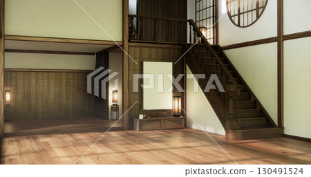 Japanese room with wooden stairs in old room is a traditional Japanese style design. 3D rendering. 130491524