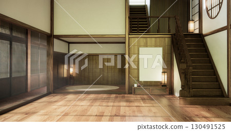 Japanese room with wooden stairs in old room is a traditional Japanese style design. 3D rendering. Japanese room with wooden stairs in old room is a traditional Japanese style design. 3D rendering. 130491525