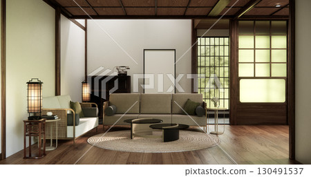 The Western style room is a Japanese room with a small sofa in the living room in an old traditional Japanese style. 3d rendering The Western style room is a Japanese room with a small sofa in the living room in an old traditional Japanese style. 3d rendering 130491537