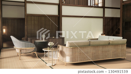 The Western style room is a Japanese room with a small sofa in the living room in an old traditional Japanese style. 3d rendering The Western style room is a Japanese room with a small sofa in the living room in an old traditional Japanese style. 3d rendering 130491539