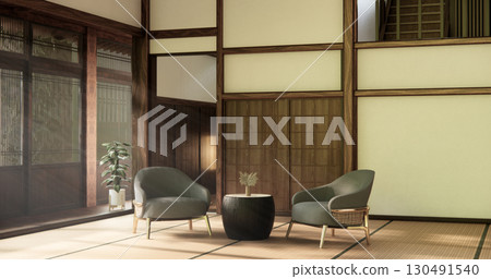 The Western style room is a Japanese room with a small sofa in the living room in an old traditional Japanese style. 3d rendering The Western style room is a Japanese room with a small sofa in the living room in an old traditional Japanese style. 3d rendering 130491540