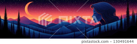 Dreamy Landscape Silhouette with Mountains, Moon, Stars, and Womans Profile at Sunrise 130491644