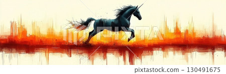 horse silhouette on lake 130491675