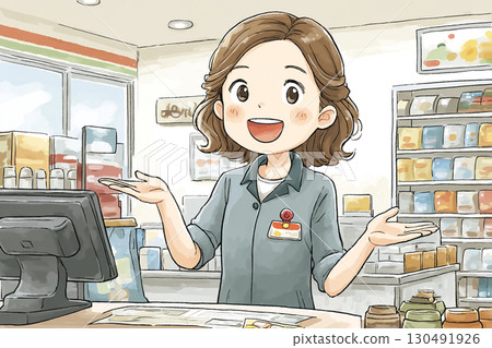 一位微笑的女店員帶領顧客參觀商店 一位微笑的女店員帶領顧客參觀商店 130491926