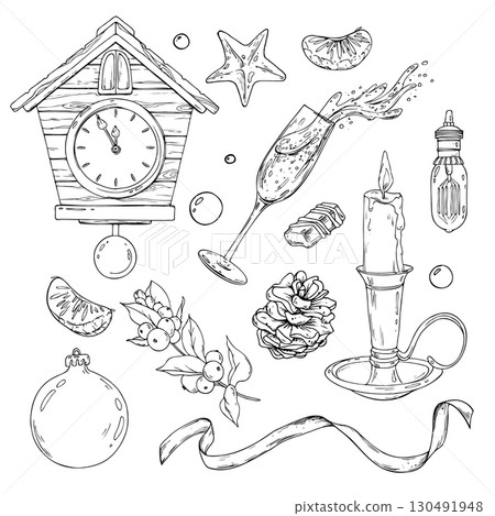 Elegant line art graphic hand drawn illustration of Christmas set with clock, candle, baubles and snowberries branches, monochrome ink holiday clip art collection for festive design and decoration. Elegant line art graphic hand drawn illustration of Christmas set with clock, candle, baubles and snowberries branches, monochrome ink holiday clip art collection for festive design and decoration. 130491948