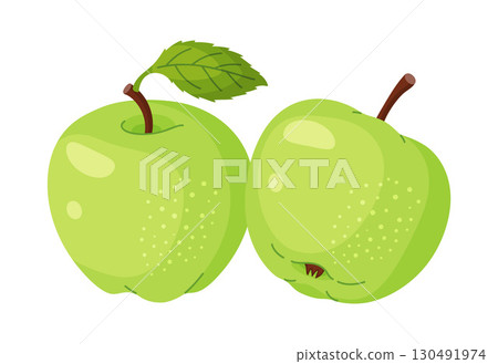 Fresh green apples with leaf. Flat style isolated on transparent background Fresh green apples with leaf. Flat style isolated on transparent background 130491974