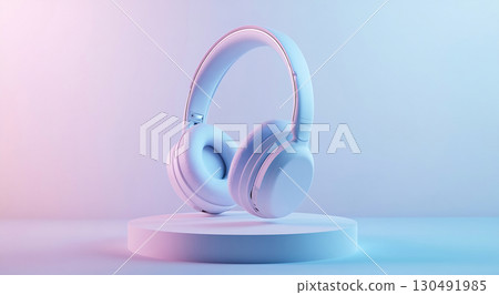 Stylish white headphones on display 130491985