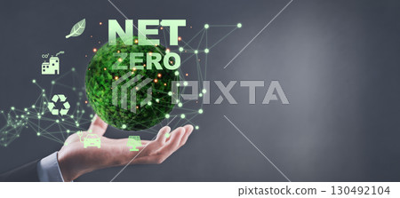 hand with icons Net Zero and carbon neutral concept in the hand with icons, natural and environment concept hand with icons Net Zero and carbon neutral concept in the hand with icons, natural and environment concept 130492104