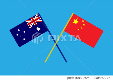 Australia and China flags crossed, symbolizing international relations. The Australia and China Flags. 130492276
